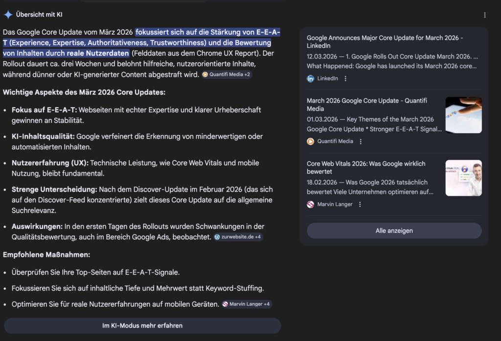 Google Core Update M&auml;rz 2026